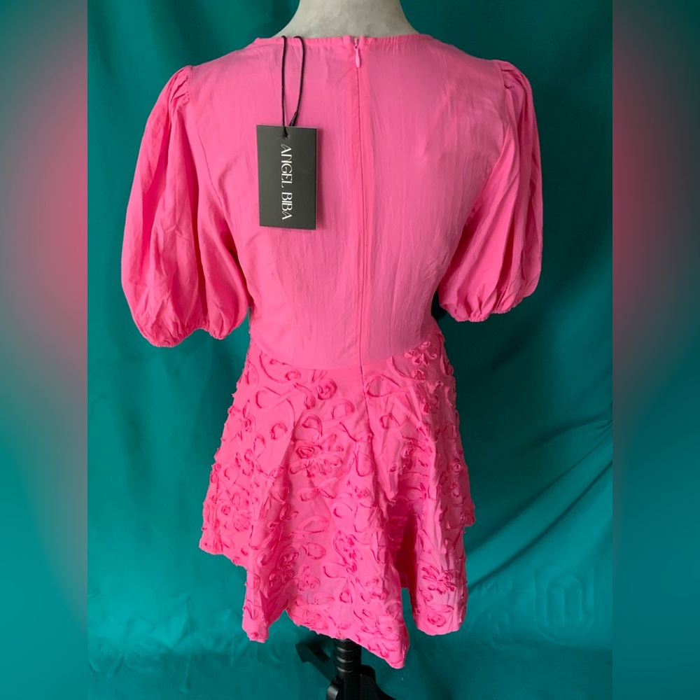 Angel Biba Hot Pink Mini Dress with Puff Sleeves - Picture 2 of 3